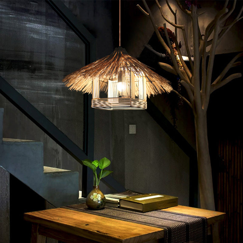 Rattan Shaded Ceiling Light Asian Style 1������Bulb Wood Hanging Lighting Fixture for Restaurant Clearhalo 'Ceiling Lights' 'Pendant Lights' 'Pendants' Lighting' 2248048