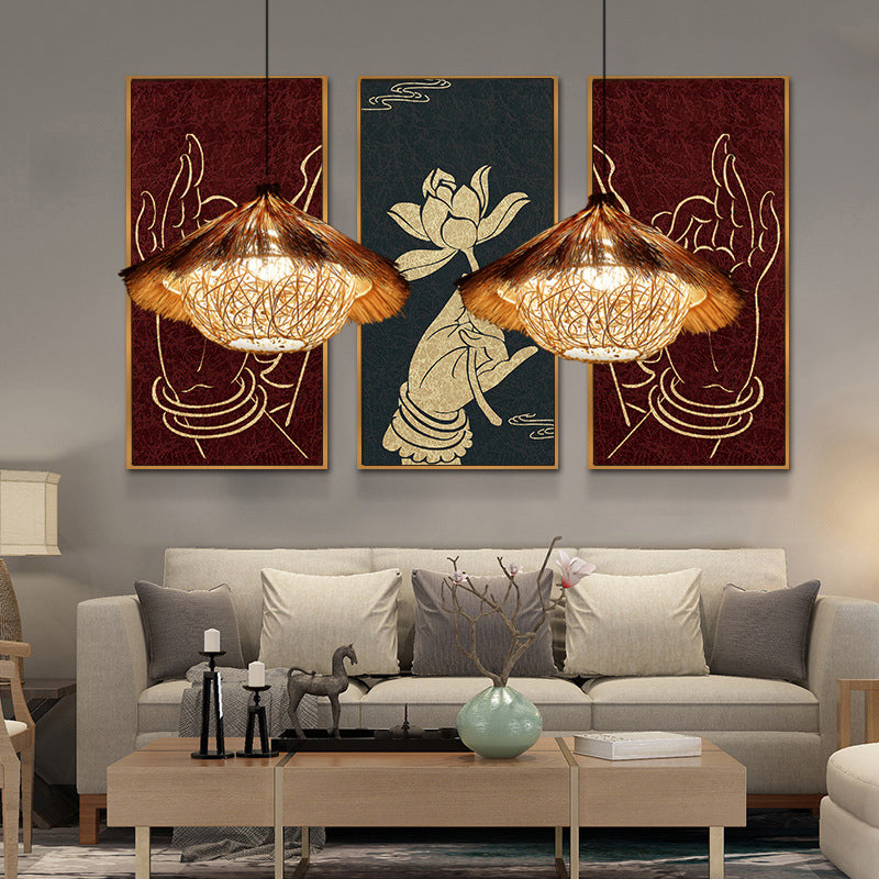 Rattan Shaded Ceiling Light Asian Style 1������Bulb Wood Hanging Lighting Fixture for Restaurant Clearhalo 'Ceiling Lights' 'Pendant Lights' 'Pendants' Lighting' 2248049