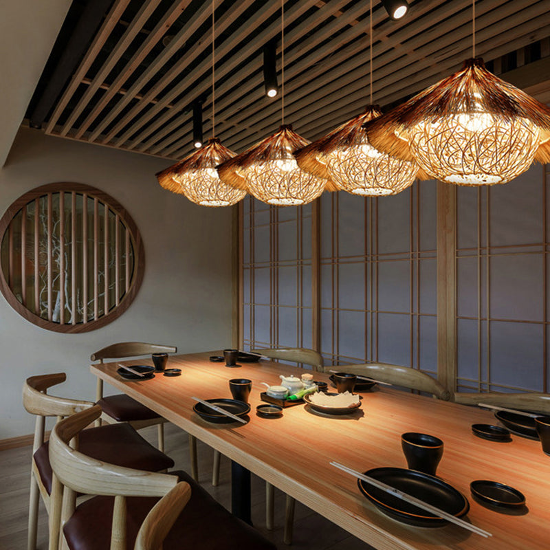 Rattan Shaded Ceiling Light Asian Style 1������Bulb Wood Hanging Lighting Fixture for Restaurant Clearhalo 'Ceiling Lights' 'Pendant Lights' 'Pendants' Lighting' 2248050