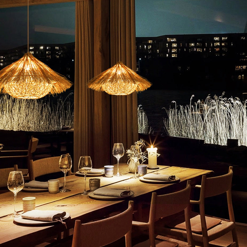 Minimalist Cone Suspension Light Rattan 1 Head Restaurant Pendant Ceiling Light in Wood Clearhalo 'Ceiling Lights' 'Lighting' 'Pendant Lights' 2248058_98037547-7851-441b-aba1-204d571e18db