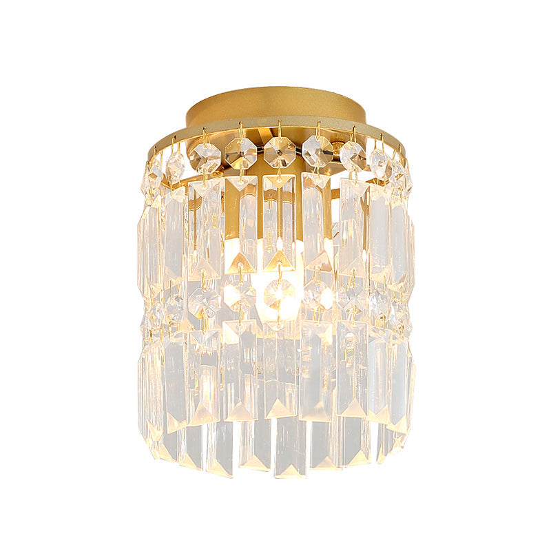 1-Light Corridor Mini Flush Lamp Simple Black/Gold Cylinder Crystal Ceiling Flush Mount Clearhalo 'Ceiling Lights' 'Close To Ceiling Lights' 'Close to ceiling' 'Flush mount' Lighting' 224813