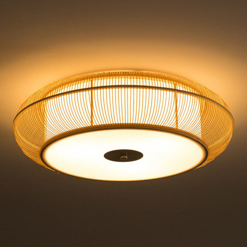 Handwoven Bamboo Curved Drum Flush Light Asian Style 1������Bulb Flush Ceiling Light Fixture Clearhalo 'Ceiling Lights' 'Close To Ceiling Lights' 'Close to ceiling' 'Flush mount' Lighting' 2248337