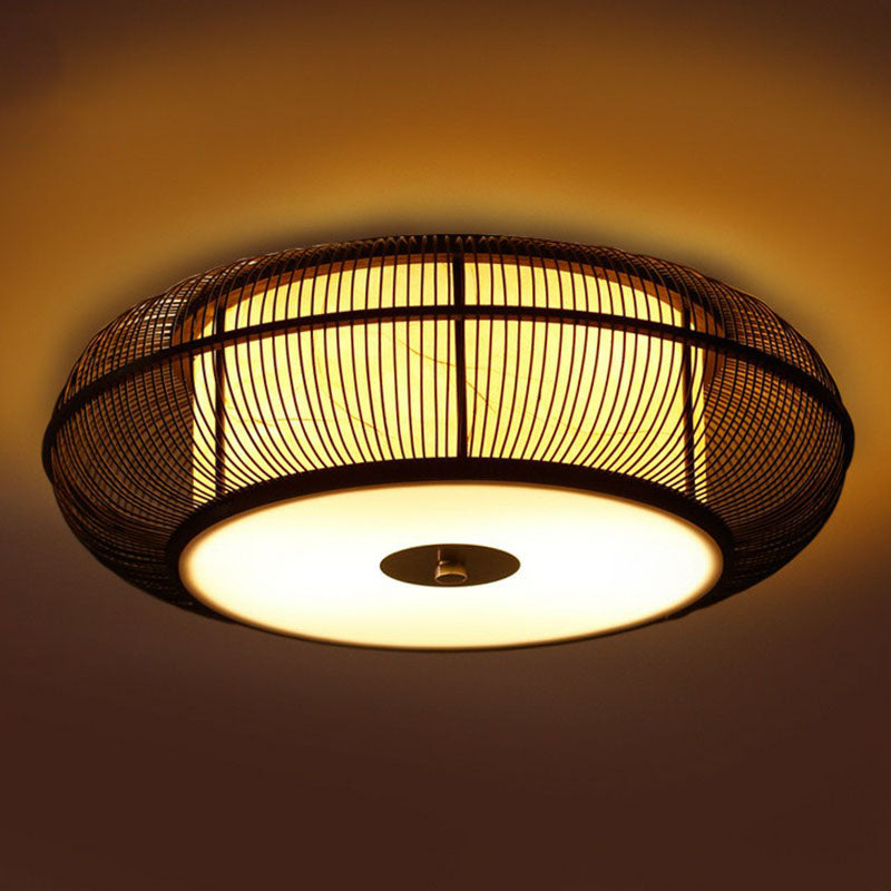Handwoven Bamboo Curved Drum Flush Light Asian Style 1������Bulb Flush Ceiling Light Fixture Clearhalo 'Ceiling Lights' 'Close To Ceiling Lights' 'Close to ceiling' 'Flush mount' Lighting' 2248338