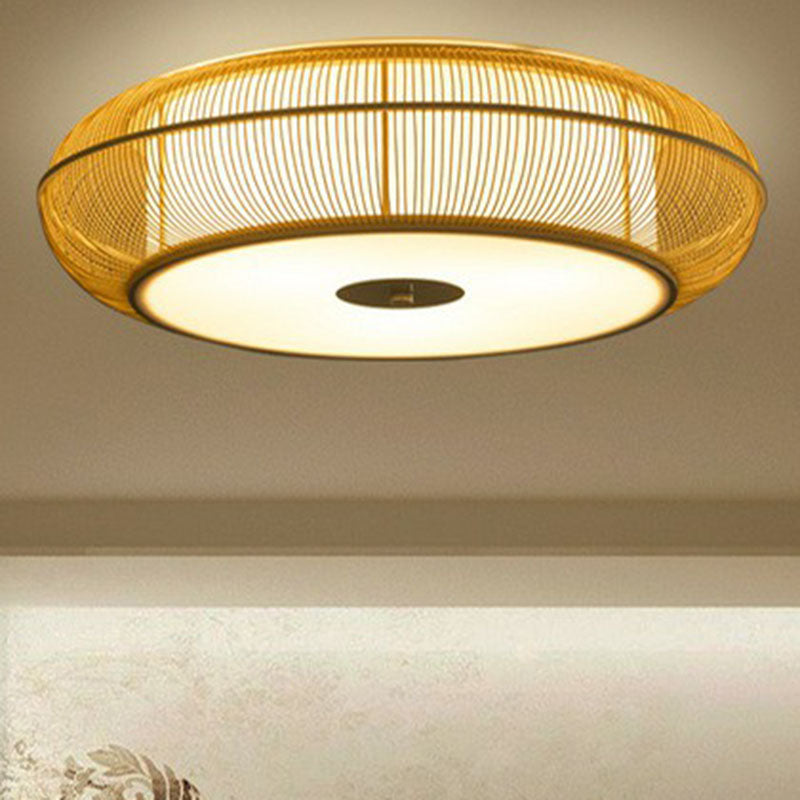 Handwoven Bamboo Curved Drum Flush Light Asian Style 1������Bulb Flush Ceiling Light Fixture Wood Clearhalo 'Ceiling Lights' 'Close To Ceiling Lights' 'Close to ceiling' 'Flush mount' Lighting' 2248339