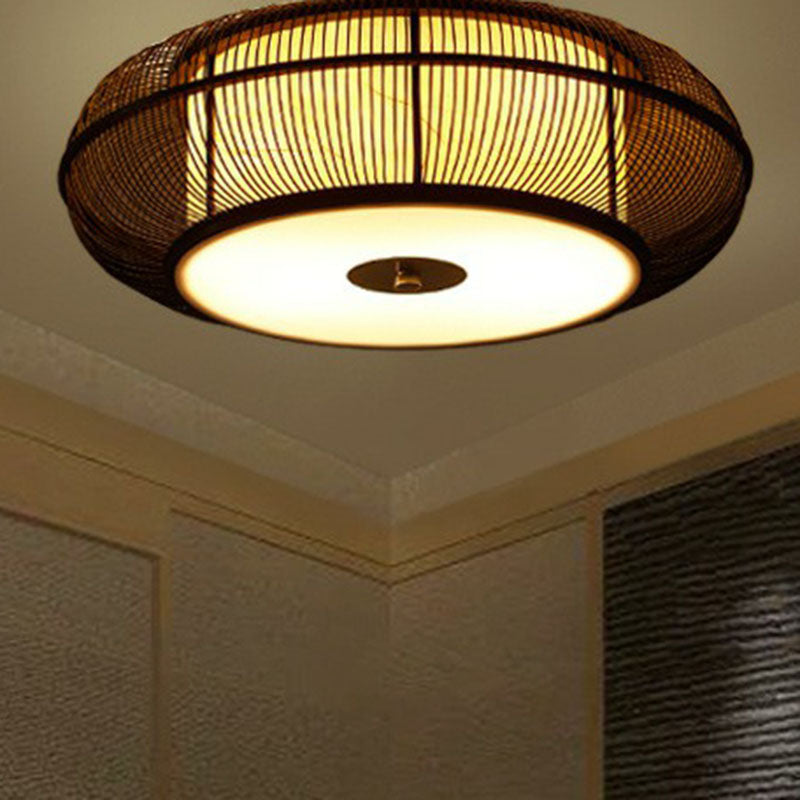 Handwoven Bamboo Curved Drum Flush Light Asian Style 1������Bulb Flush Ceiling Light Fixture Black Clearhalo 'Ceiling Lights' 'Close To Ceiling Lights' 'Close to ceiling' 'Flush mount' Lighting' 2248340