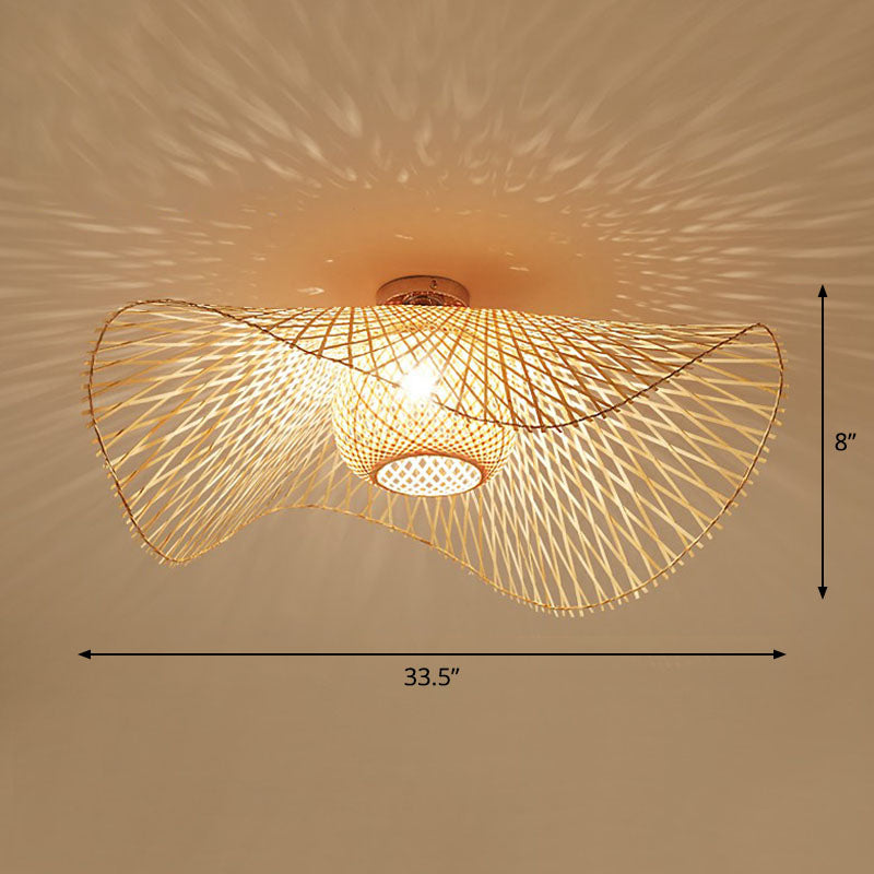 Straw Hat Flush Mount South-east Asia Bamboo Single Wood Flushmount Ceiling Light for Restaurant Wood 33.5" Clearhalo 'Ceiling Lights' 'Close To Ceiling Lights' 'Close to ceiling' 'Flush mount' Lighting' 2248354