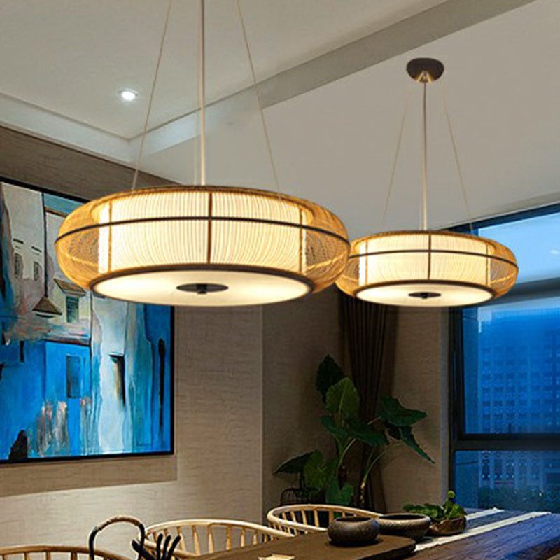 Curved Drum Suspension Light South-east Asian Bamboo Tea Room Chandelier Lighting Clearhalo 'Ceiling Lights' 'Chandeliers' Lighting' options 2248408