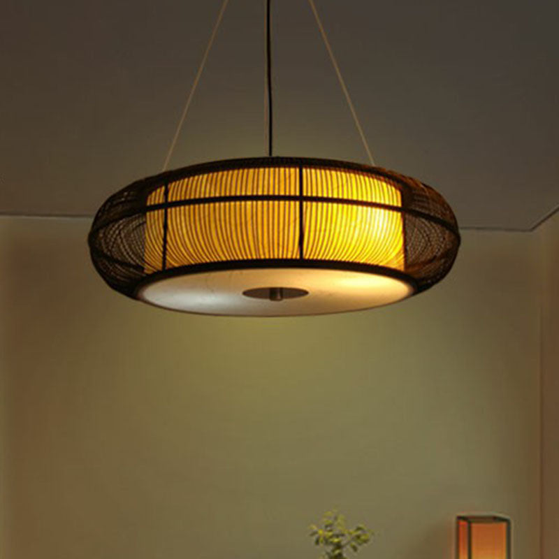 Curved Drum Suspension Light South-east Asian Bamboo Tea Room Chandelier Lighting Clearhalo 'Ceiling Lights' 'Chandeliers' Lighting' options 2248410