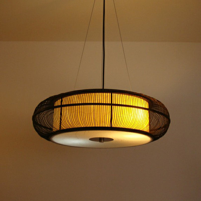 Curved Drum Suspension Light South-east Asian Bamboo Tea Room Chandelier Lighting Clearhalo 'Ceiling Lights' 'Chandeliers' Lighting' options 2248413
