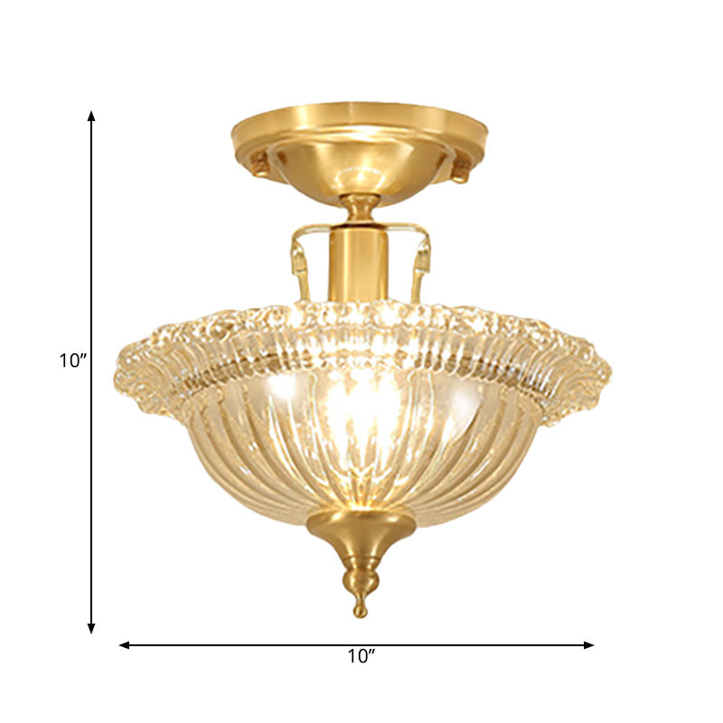 Flared Semi Flush Contemporary Ruffle Glass Shaded 1 Light Brass Ceiling Flush Mount Clearhalo 'Ceiling Lights' 'Close To Ceiling Lights' 'Close to ceiling' 'Semi-flushmount' Lighting' 225204