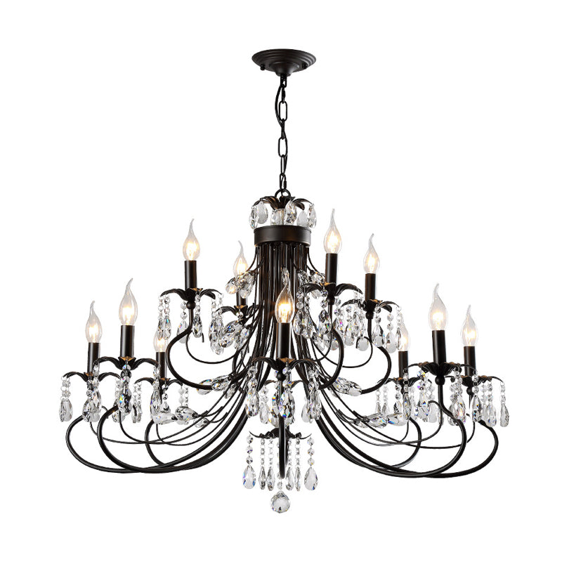 Tiered Candle Chandelier Pendant Traditional Iron 6/8/12 Lights Black Hanging Pendant Light with Crystal Drops Clearhalo 'Ceiling Lights' 'Chandeliers' 'Modern Chandeliers' 'Modern' Lighting' 225301