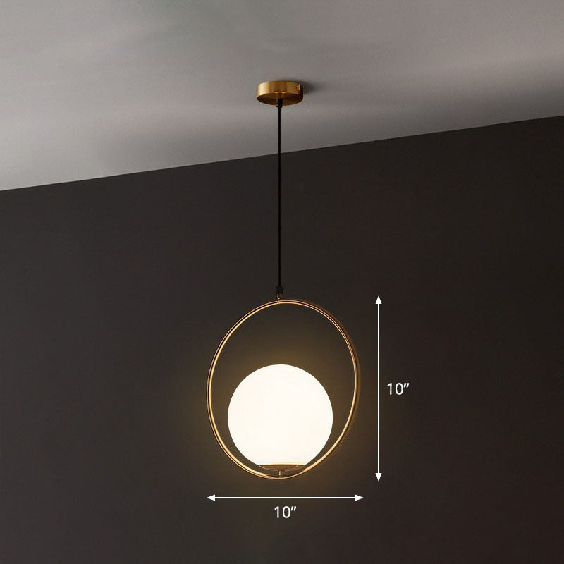 Globe Hanging Lamp Kit Postmodern Style White Glass 1-Head Gold Pendant Light for Restaurant Gold 10" Clearhalo 'Ceiling Lights' 'Modern Pendants' 'Modern' 'Pendant Lights' 'Pendants' Lighting' 2254862