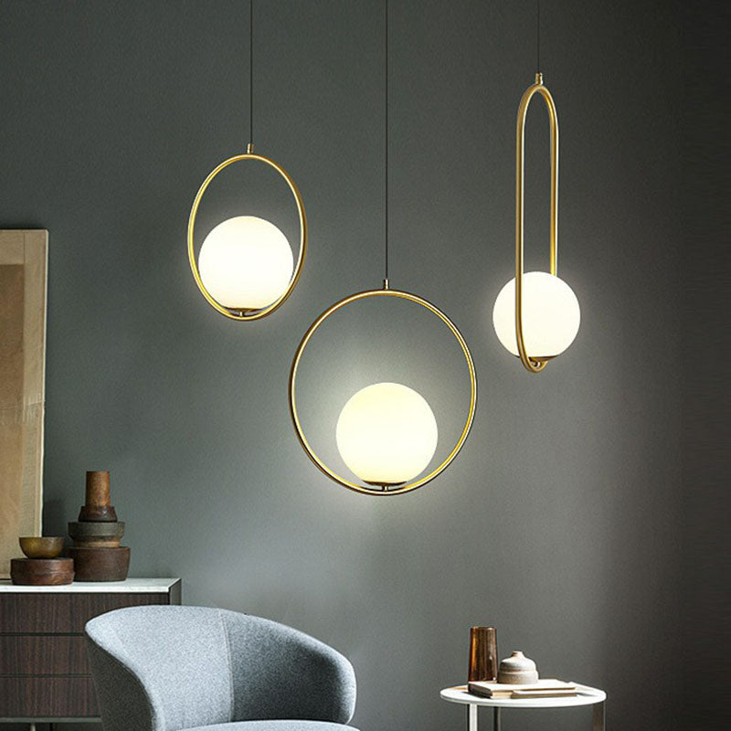 Ball Ceiling Suspension Lamp Simple Style White Glass Single Pendant Light with Metal Ring Clearhalo 'Ceiling Lights' 'Modern Pendants' 'Modern' 'Pendant Lights' 'Pendants' Lighting' 2254895