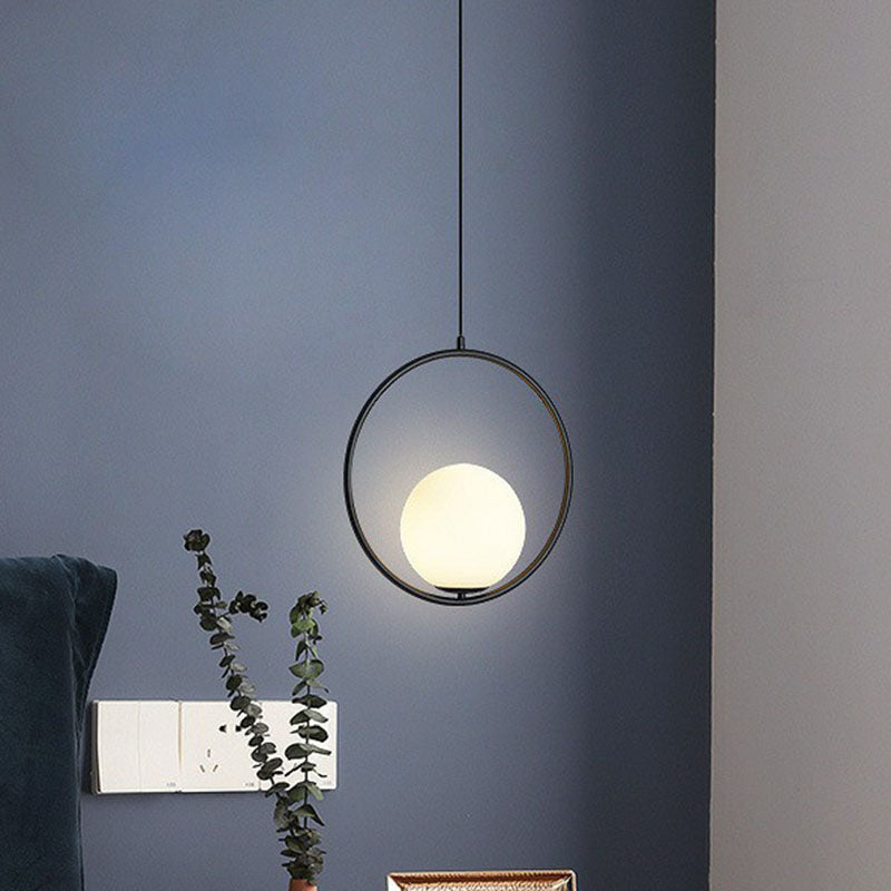 Ball Ceiling Suspension Lamp Simple Style White Glass Single Pendant Light with Metal Ring Clearhalo 'Ceiling Lights' 'Modern Pendants' 'Modern' 'Pendant Lights' 'Pendants' Lighting' 2254896