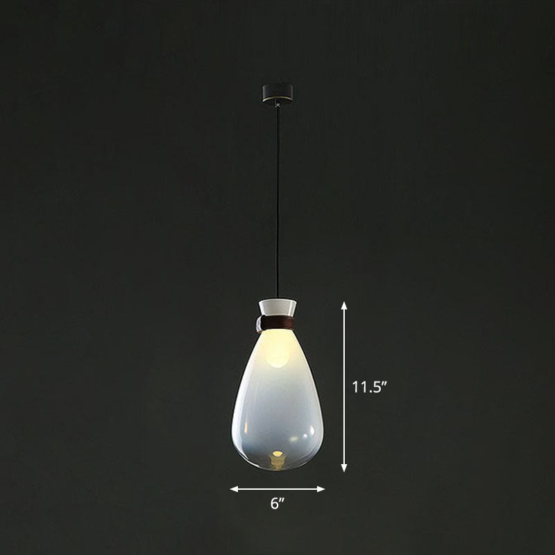 Raindrop Glass Hanging Light Minimalist 1-Light Suspended Lighting Fixture with Leather Strap White 6" Clearhalo 'Ceiling Lights' 'Modern Pendants' 'Modern' 'Pendant Lights' 'Pendants' Lighting' 2255038