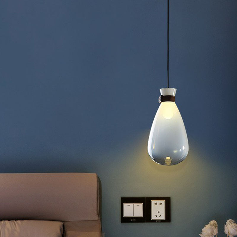 Raindrop Glass Hanging Light Minimalist 1-Light Suspended Lighting Fixture with Leather Strap Clearhalo 'Ceiling Lights' 'Modern Pendants' 'Modern' 'Pendant Lights' 'Pendants' Lighting' 2255041