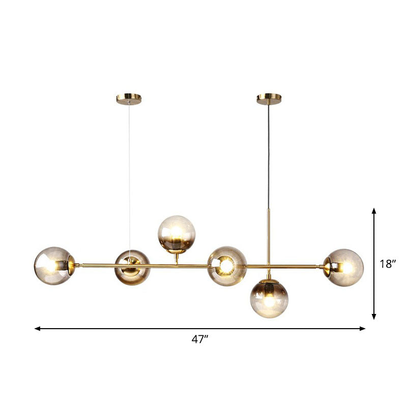 Linear Dining Room Island Lamp Metallic 6 Lights Postmodern Ceiling Pendant with Ball Glass Shade Smoke Gray Clearhalo 'Ceiling Lights' 'Island Lights' Lighting' 2255176