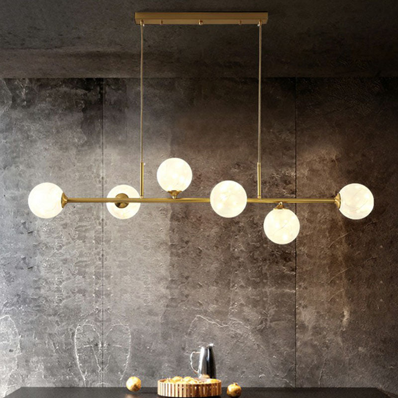 Linear Dining Room Island Lamp Metallic 6 Lights Postmodern Ceiling Pendant with Ball Glass Shade Clearhalo 'Ceiling Lights' 'Island Lights' Lighting' 2255181