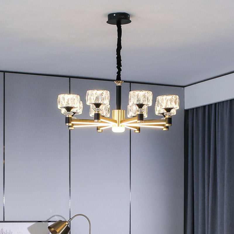 Drum Shaped Hanging Light Fixture Modern Beveled Crystal Living Room Chandelier in Black Clearhalo 'Ceiling Lights' 'Chandeliers' 'Modern Chandeliers' 'Modern' Lighting' 2255214