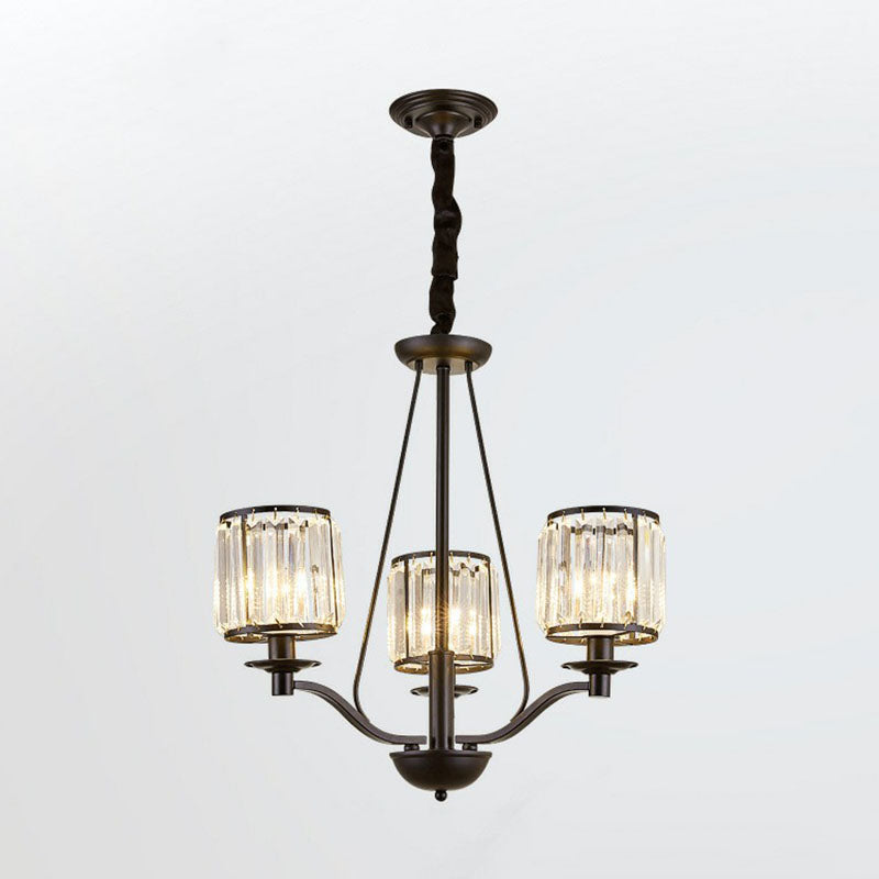 Bedroom Chandelier Light Contemporary Black Ceiling Lamp with Cylindrical Crystal Shade 3 Black Clearhalo 'Ceiling Lights' 'Chandeliers' 'Modern Chandeliers' 'Modern' Lighting' 2255218