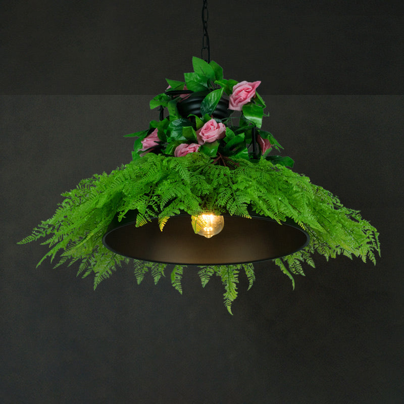 Antique Shaded Pendant Light 1-Light Metallic Hanging Light Fixture with Artificial Plant for Restaurant Green-Pink Clearhalo 'Art Deco Pendants' 'Cast Iron' 'Ceiling Lights' 'Ceramic' 'Crystal' 'Industrial Pendants' 'Industrial' 'Metal' 'Middle Century Pendants' 'Pendant Lights' 'Pendants' 'Tiffany' Lighting' 2255541