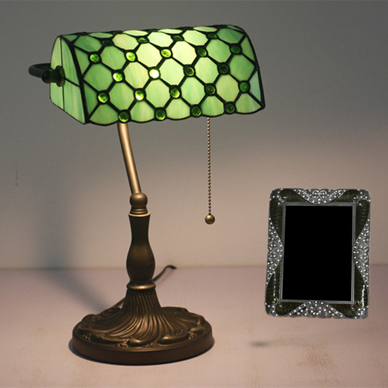 Half Cylinder Table Lighting 1-Light Gridded Glass Antique Nightstand Lamp with Pull Chain Clearhalo 'Lamps' 'Table Lamps' Lighting' 2255567