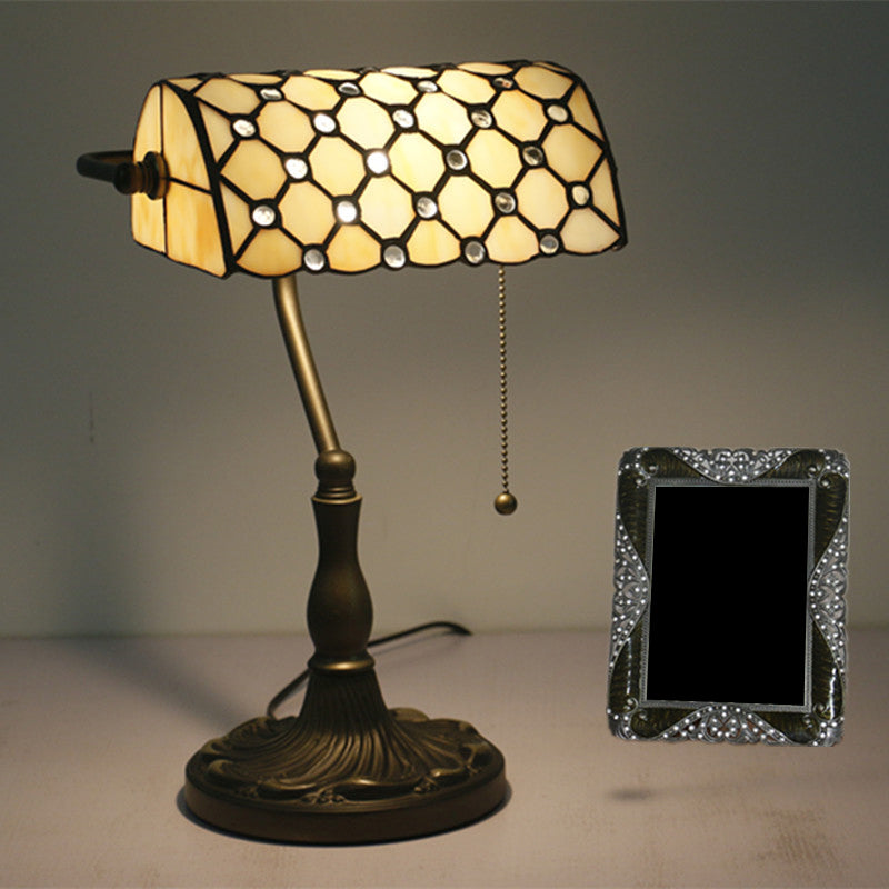 Half Cylinder Table Lighting 1-Light Gridded Glass Antique Nightstand Lamp with Pull Chain Beige Clearhalo 'Lamps' 'Table Lamps' Lighting' 2255569