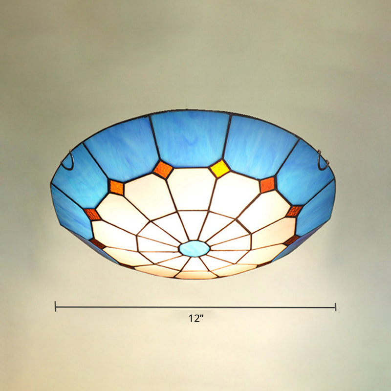 Bowl Flush Mount Lighting Mediterranean Gridded Glass Blue Ceiling Light Flush Mount Blue 12" Clearhalo 'Ceiling Lights' 'Close To Ceiling Lights' 'Close to ceiling' 'Flush mount' Lighting' 2255600