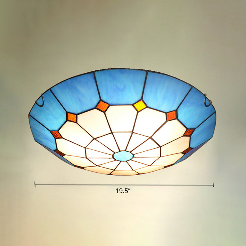 Bowl Flush Mount Lighting Mediterranean Gridded Glass Blue Ceiling Light Flush Mount Blue 19.5" Clearhalo 'Ceiling Lights' 'Close To Ceiling Lights' 'Close to ceiling' 'Flush mount' Lighting' 2255604