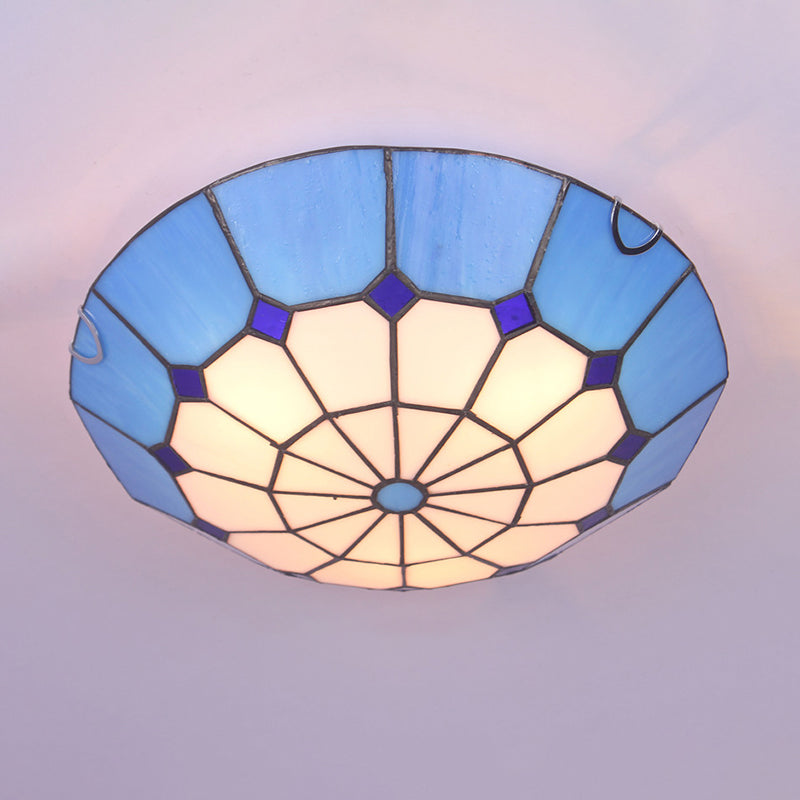 Tiffany Dome Shade Flush Mount Lighting Gridded Glass LED Flush Mount Fixture for Bedroom Blue 12" Clearhalo 'Ceiling Lights' 'Close To Ceiling Lights' 'Close to ceiling' 'Flush mount' Lighting' 2255624