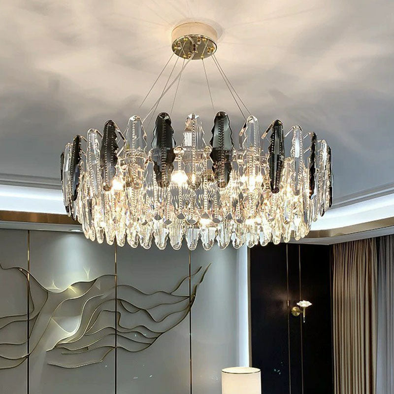 Drum Living Room Suspension Lighting Crystal Modern Style Chandelier Light Fixture in Clear Clear 19.5" Clearhalo 'Ceiling Lights' 'Chandeliers' 'Clear' 'Industrial' 'Modern Chandeliers' 'Modern' 'Tiffany' 'Traditional Chandeliers' Lighting' 2255692