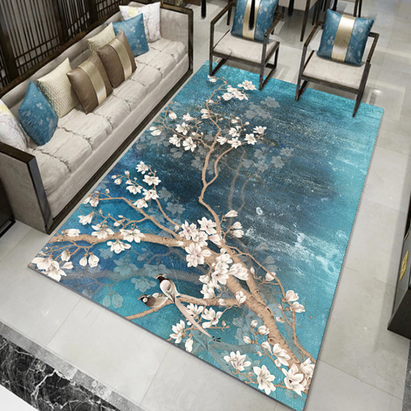 Olden Chinoiserie Rug Multicolor Bird and Flower Print Rug Non-Slip Machine Washable Rug for Living Room Blue-Green Clearhalo 'Area Rug' 'Rug' 2256818