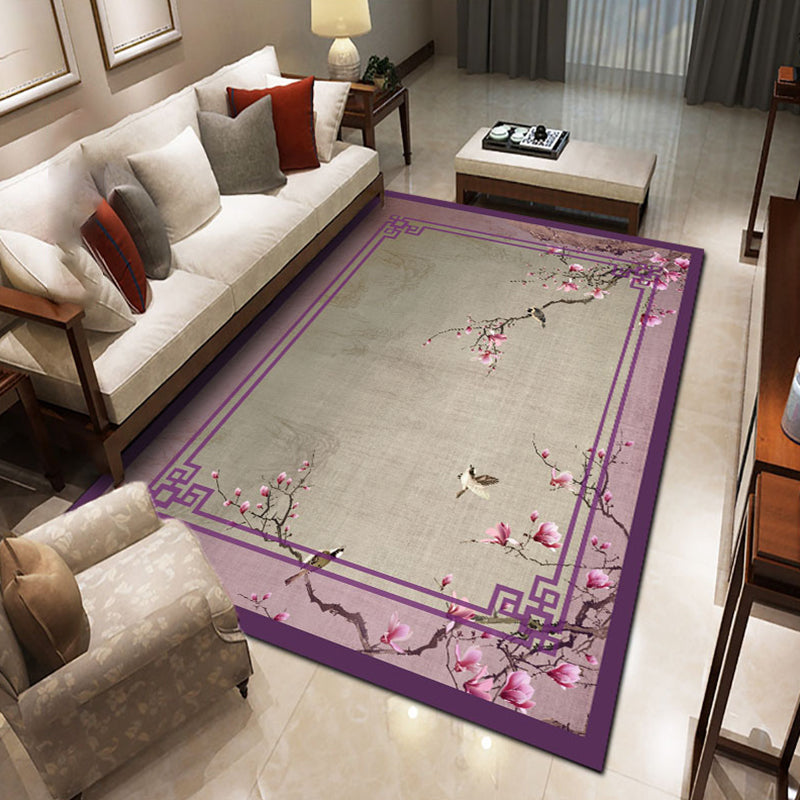 Olden Chinoiserie Rug Multicolor Bird and Flower Print Rug Non-Slip Machine Washable Rug for Living Room Purple Clearhalo 'Area Rug' 'Rug' 2256825