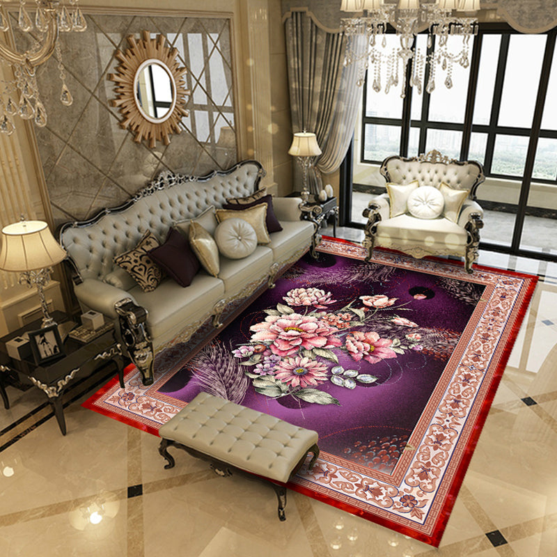 Multi Colored Living Room Rug Chinoiserie Flower Rug Polypropylene Machine Washable Stain Resistant Non-Slip Backing Rug Dark Purple Clearhalo 'Area Rug' 'Rug' 2256980