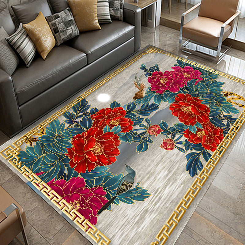 Multi Colored Living Room Rug Chinoiserie Flower Rug Polypropylene Machine Washable Stain Resistant Non-Slip Backing Rug Green-Red Clearhalo 'Area Rug' 'Rug' 2256989