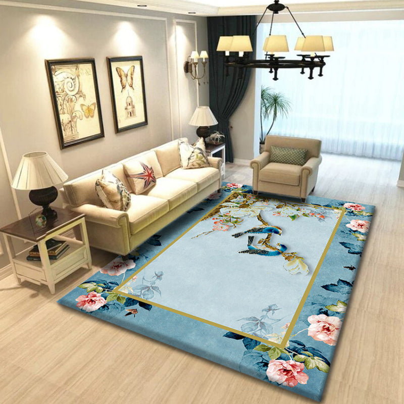 Multi Colored Living Room Rug Chinoiserie Flower Rug Polypropylene Machine Washable Stain Resistant Non-Slip Backing Rug Blue-Green Clearhalo 'Area Rug' 'Rug' 2256990