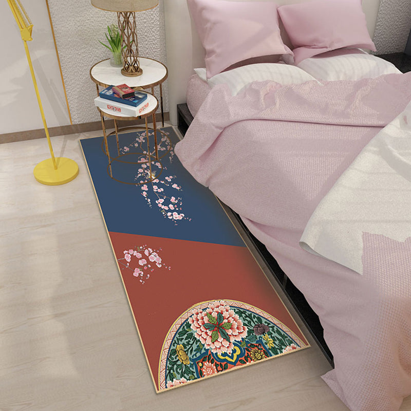 Elegant Flower Runner Rug Multi Colored Chinese Rug Polyester Washable Non-Slip Backing Pet-Friendly Rug for Bedroom Navy Clearhalo 'Area Rug' 'Rug' 2257349