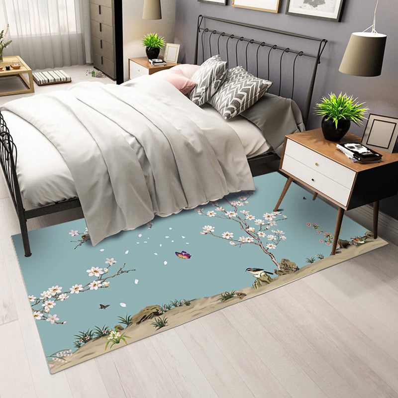 Elegant Flower Runner Rug Multi Colored Chinese Rug Polyester Washable Non-Slip Backing Pet-Friendly Rug for Bedroom Lake Green Clearhalo 'Area Rug' 'Rug' 2257351