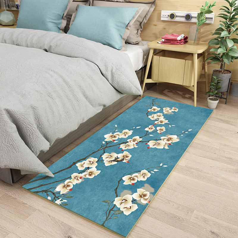 Elegant Flower Runner Rug Multi Colored Chinese Rug Polyester Washable Non-Slip Backing Pet-Friendly Rug for Bedroom Sky Blue Clearhalo 'Area Rug' 'Rug' 2257353