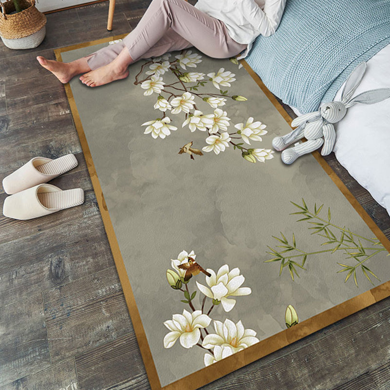 Elegant Flower Runner Rug Multi Colored Chinese Rug Polyester Washable Non-Slip Backing Pet-Friendly Rug for Bedroom Grey Clearhalo 'Area Rug' 'Rug' 2257358