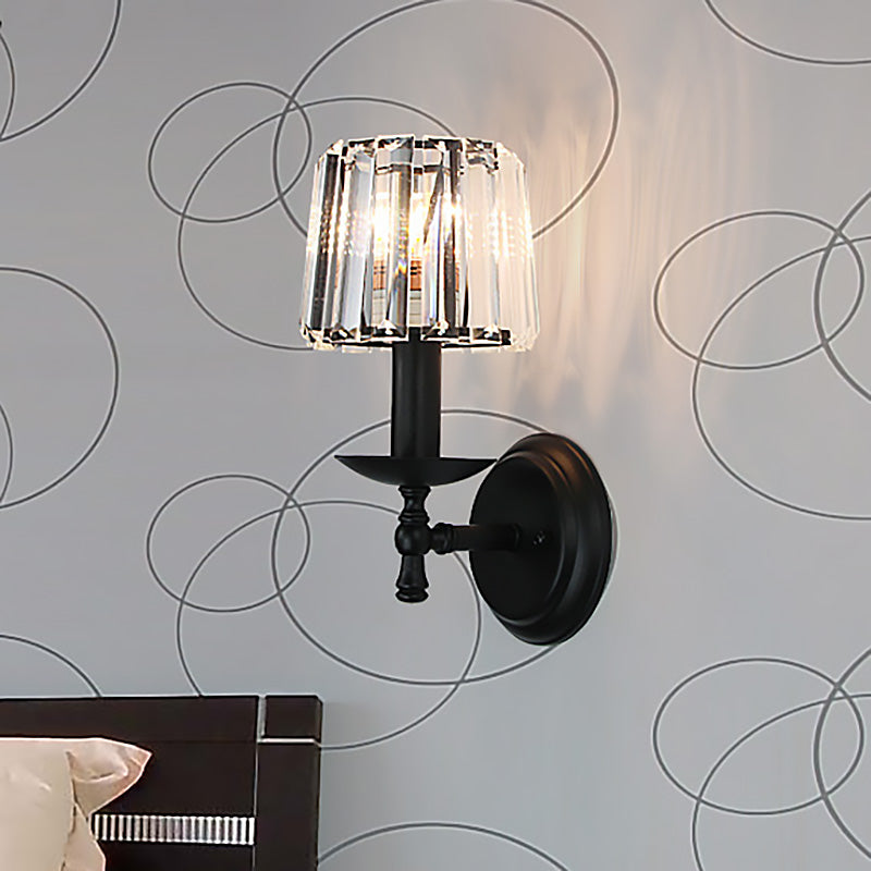 Contemporary Tapered Wall Lamp Clear Crystal 1 Head Bedside Wall Sconce Light with Curved/Straight Arm in Black Clearhalo 'Modern wall lights' 'Modern' 'Wall Lamps & Sconces' 'Wall Lights' Lighting' 225765