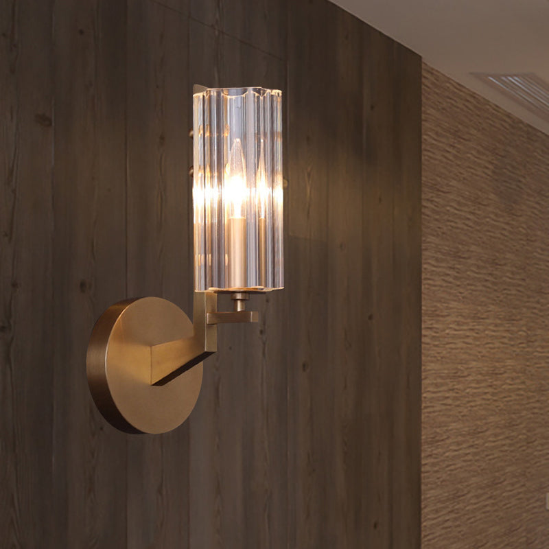 1 Light Hallway Wall Sconce Lighting Retro Brass Wall Mount Light Fixture with Tube Crystal Shade Brass Clearhalo 'Cast Iron' 'Glass' 'Industrial' 'Modern wall lights' 'Modern' 'Tiffany' 'Traditional wall lights' 'Wall Lamps & Sconces' 'Wall Lights' Lighting' 226373