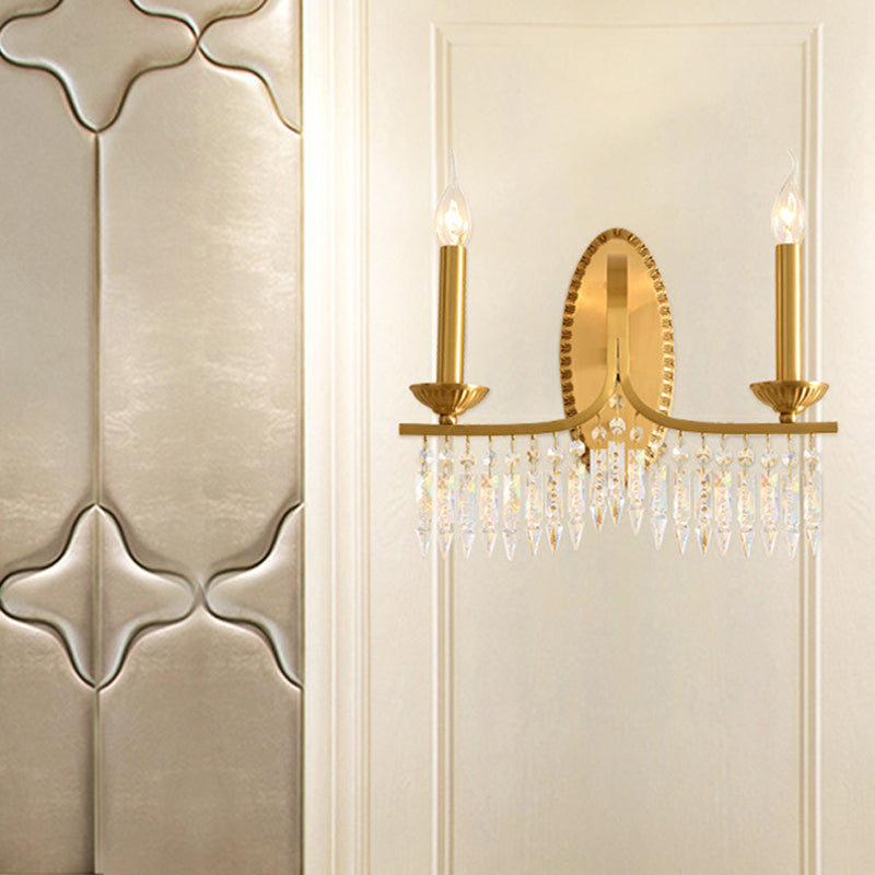 Brass Candle Sconce Light Fixture Retro 2 Lights Crystal Wall Mounted Lighting with Metal Arm Clearhalo 'Cast Iron' 'Glass' 'Industrial' 'Modern wall lights' 'Modern' 'Tiffany' 'Traditional wall lights' 'Wall Lamps & Sconces' 'Wall Lights' Lighting' 226431