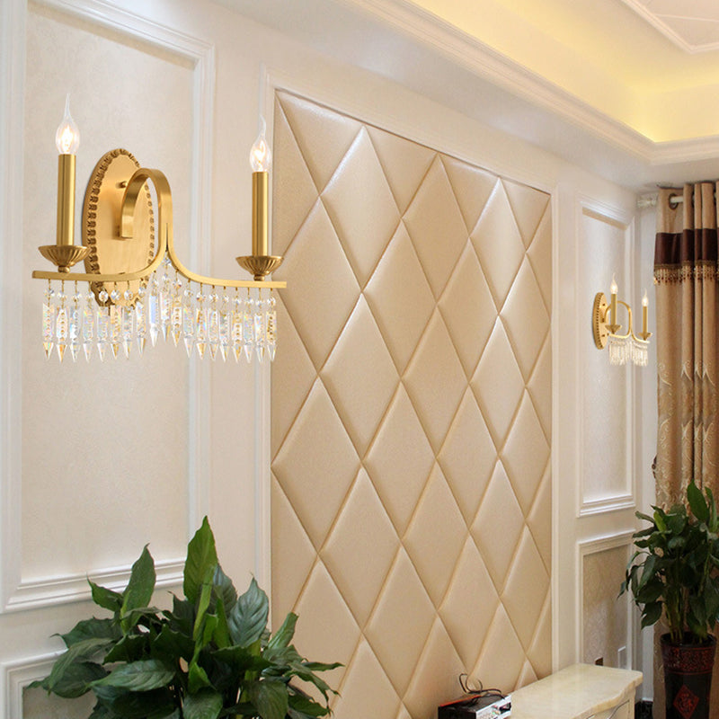 Brass Candle Sconce Light Fixture Retro 2 Lights Crystal Wall Mounted Lighting with Metal Arm Clearhalo 'Cast Iron' 'Glass' 'Industrial' 'Modern wall lights' 'Modern' 'Tiffany' 'Traditional wall lights' 'Wall Lamps & Sconces' 'Wall Lights' Lighting' 226432