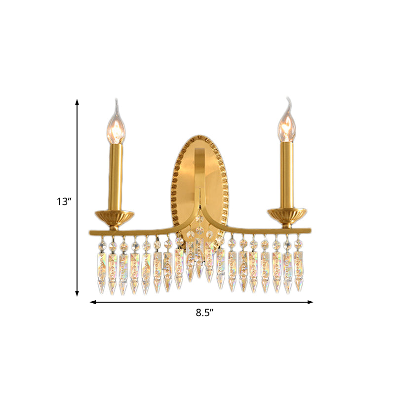 Brass Candle Sconce Light Fixture Retro 2 Lights Crystal Wall Mounted Lighting with Metal Arm Clearhalo 'Cast Iron' 'Glass' 'Industrial' 'Modern wall lights' 'Modern' 'Tiffany' 'Traditional wall lights' 'Wall Lamps & Sconces' 'Wall Lights' Lighting' 226434