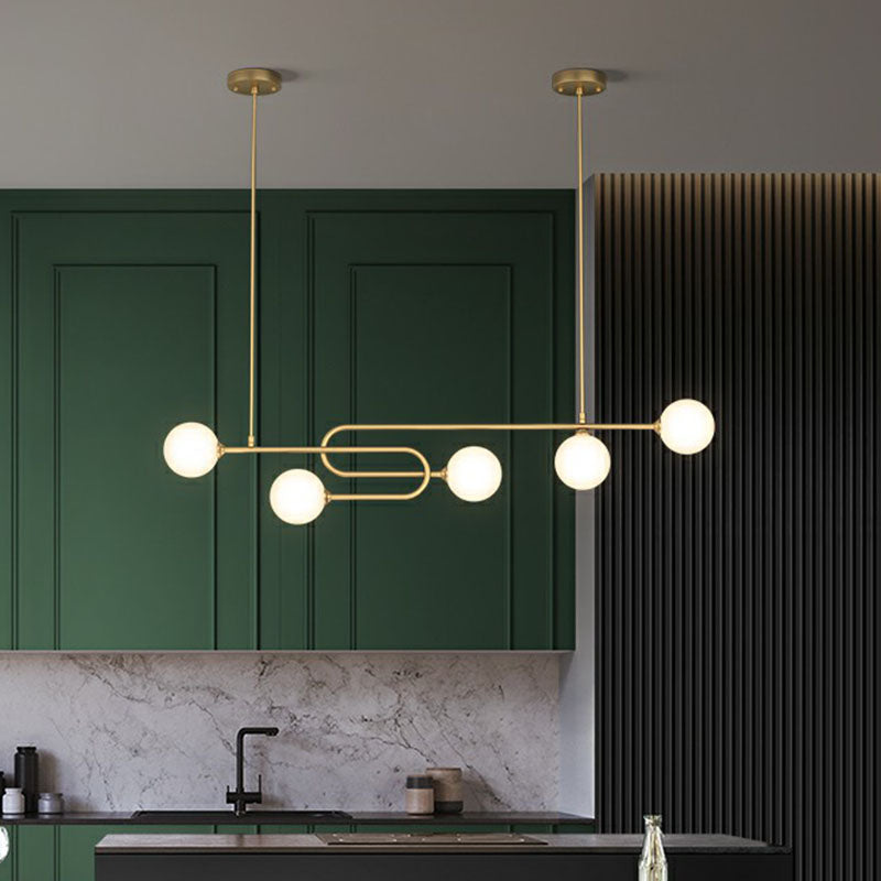 Minimalist U-Shaped Suspension Light Metal Dining Room Island Light with Ball Milky Glass Shade in Gold Clearhalo 'Ceiling Lights' 'Island Lights' Lighting' 2265826