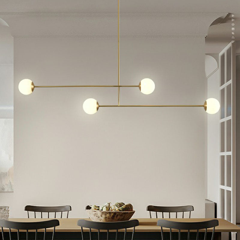 Gold Finish Parallel Pendant Light Minimalistic 4-Bulb Metallic Island Lamp with Ball Opal Glass Shade Gold 59" Clearhalo 'Ceiling Lights' 'Island Lights' Lighting' 2265845