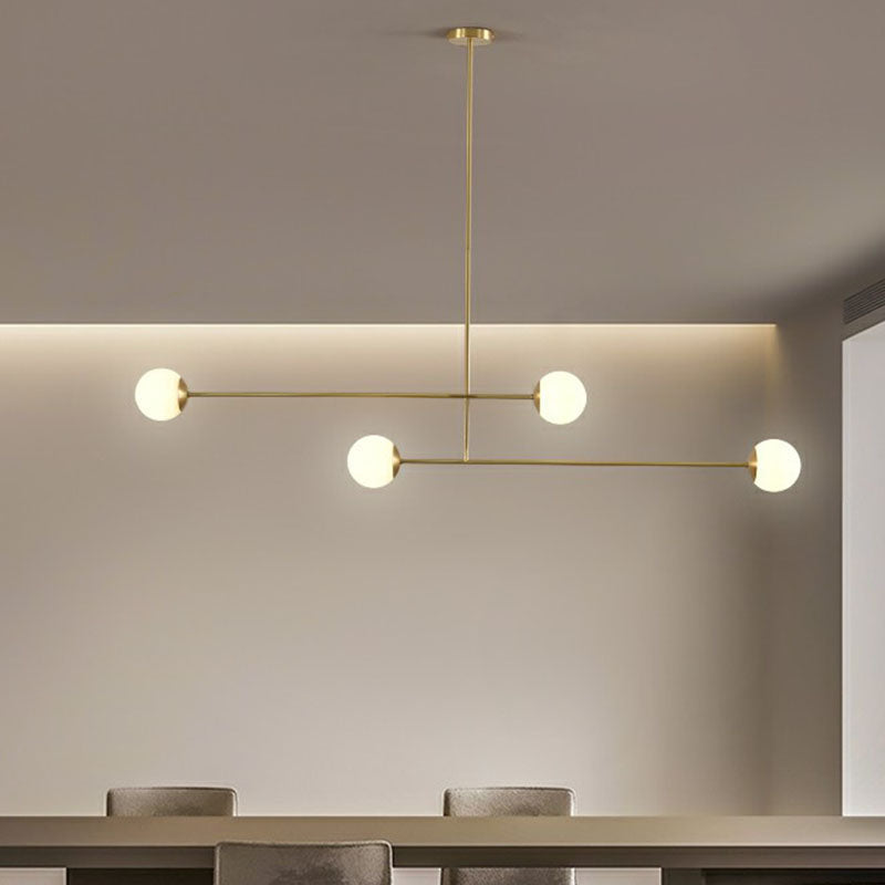 Gold Finish Parallel Pendant Light Minimalistic 4-Bulb Metallic Island Lamp with Ball Opal Glass Shade Clearhalo 'Ceiling Lights' 'Island Lights' Lighting' 2265846