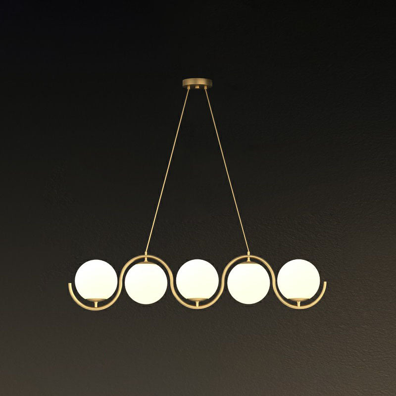 Wavy Metallic Island Light Fixture Postmodern Hanging Lamp with Ball Glass Shade 5 Gold Milk White Clearhalo 'Ceiling Lights' 'Island Lights' Lighting' 2265992