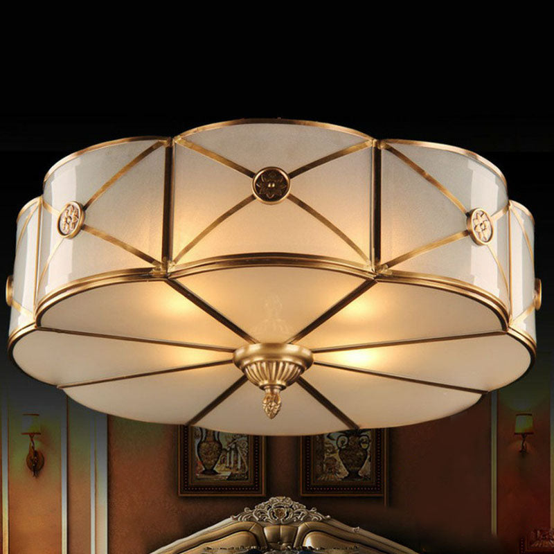 Colonial Style Flower Ceiling Lamp Frosted White Glass Flushmount with X-Brace in Brass Clearhalo 'Ceiling Lights' 'Close To Ceiling Lights' 'Close to ceiling' 'Flush mount' Lighting' 2267758
